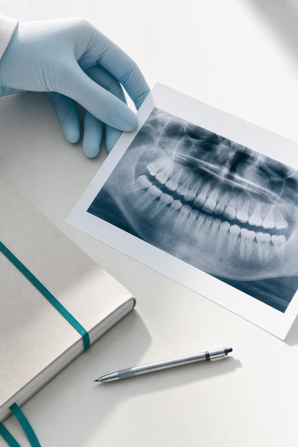 Gloved hand holding a dental radiograph beside a notebook